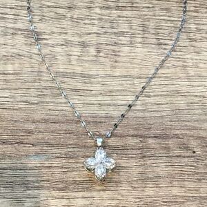Stainless steel silver necklace with spinning clover pendant.
